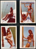 cca 1970 Kéjutazás a vízen, 4 db színes, erotikus fotó meztelen hölgyről, 9x6 cm