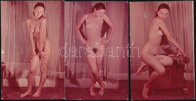 cca 1970-1980 3 db erotikus színes fotó meztelen hölgyről a függöny előtt, 10x6 cm