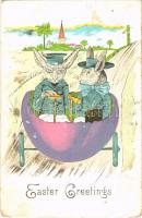 Easter Greetings, Rabbits in egg automobile. Emb. (EK)