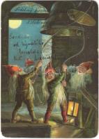 1903 Dwarves with bell. litho, mini card (11 x 7,7 cm)