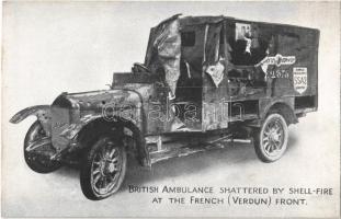 British Ambulance shattered by shell-fire at the French (Verdun) front, WWI military