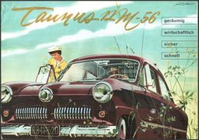 cca 1952-1962 Ford Taunus 12M-56 német nyelvű személygépkocsi prospektus, illusztrációkkal.