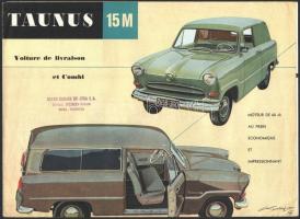 cca 1955-1959 Ford Taunus 15 M francia nyelvű személygépkocsi prospektus, illusztrációkkal.