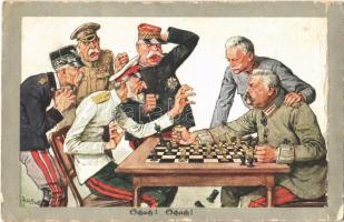 1915 Schach! Schach! / Hindenburg and Conrad von Hötzendorf, WWI German propaganda. M. Munk Wien Nr. 1036 s: Theodor Zasche (fa)