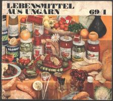 1969 Lebensmittel aus Ungarn 69/1. Bp., Hungexpo. Német nyelvű magyar élelmiszerekről szóló prospektus/nyomtatvány, színes fotókkal, kissé szakadt, kissé foltos borítóval.