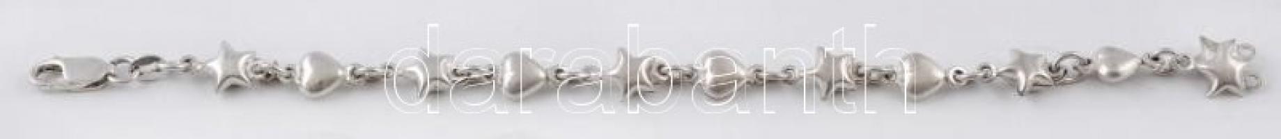 Ezüst(Ag) csillagos-szíves karkötő, jelzett, h: 16,5 cm, jelzett, hiányos, nettó: 6,81 g