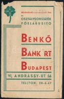 cca 1935 Benkő Bank Rt. osztálysorsjáték sorsjegy tokja, szakadozott, sérült, kissé hiányos