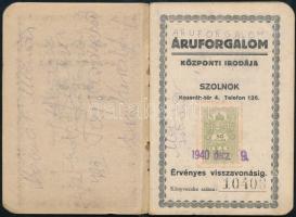 1940 Szolnok, áruforgalom központ irodájának bevásárlási könyve, kopott, bejegyzésekkel