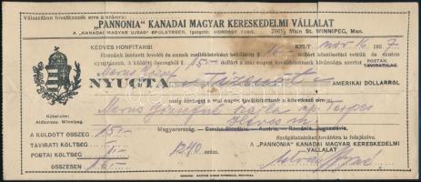 1927 Pannonia Kanadai Magyar Kereskedelmi Vállalat nyugtája, 15 amerikai dollárról, hajtásnyomokkal, foltos