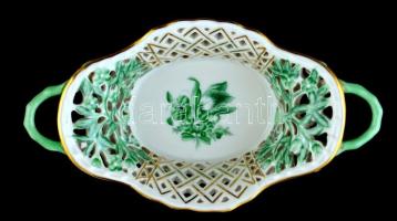 Herendi zöld virágmintás porcelán kosár, kézzel festett, jelzett, kis kopásnyomokkal, 18×10×5 cm