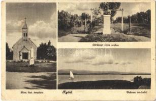 1949 Agárd (Gárdony), Római katolikus templom, Gárdonyi Géza szobor, Velencei-tó, vitorlás (EK)