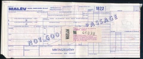 1970-1980 MALÉV jegy, Budapest-Varsó-Budapest útra, Cooptourist bélyegzéssel