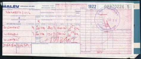 1970-1980 MALÉV jegy, Budapest-Varsó-Budapest útra, Cooptourist bélyegzéssel