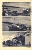 1939 Gönyű, Duna, MFTR hajóállomás, gőzhajók, utca, automobil, vendéglő, étterem