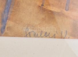 Somlai Vilma (1938-2007): Virágzó fák a Balatonnál. Akvarell, papír, Jelzett. 44x55 cm Üvegezett ker...