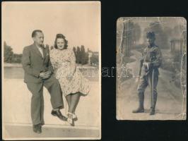 cca 1916-1940 Steiner Gyula cukrász fotója katonaként, és később feleségével, az egyik sérült, viseltes, 13x8 cm, 17x12