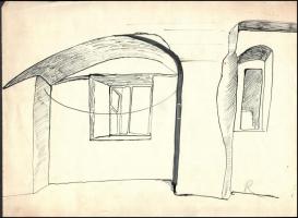 Rácz András (1926-2013): Ablakos ház. Tus, papír, jelzett. 30x40 cm