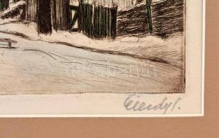 Élesdy István (1912-1987): Szánkózók. Rézkarc, papír, jelzett, Paszpartuban. 32,5x25 cm