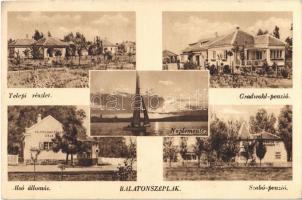 1943 Balatonszéplak (Siófok), Telepi részlet, Gradwohl penzió, alsó vasútállomás, naplemente, Szabó penzió (tükrözött feliratok az épületeken) (EK)