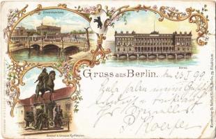 1899 Berlin, Friedrichsbrücke, Börse, Denkmal d. Grossen Kurfürsten / bridge, statue, stock exchange. Art Nouveau, floral, litho (EB)