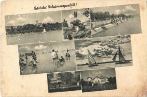 1949 Balatonszepezd, Szepezd; részletek, fürdőzők, strand, villa, Országzászló, vitorlások (felületi sérülés / surface damage)