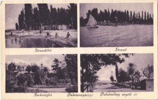 1932 Balatonszárszó, Strandélet, fürdőzők, vitorlás, park, Balatonhoz vezető út (fa)