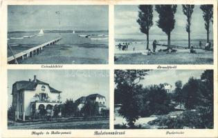 1936 Balatonszárszó, Csónakkikötő, magyar zászló, Strandfürdő, fürdőzők, Magda és Balla penzió, park (fl)