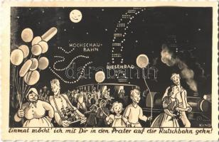 1940 Wien, Vienna, Bécs II. Prater, Hochschaubahn, Riesenrad / amusement park at night, Roller coaster, Ferris wheel s: Kind (EK)