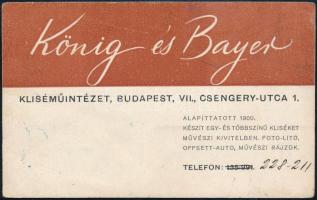 1944 Bp., König és Bayer kliséműintézet reklámkártyája, a hátoldalán Jámbor József Géza (1908-?) részére szóló igazolással, hogy mint szinedző van alkalmazva, 1944. III. 20., 8x13 cm