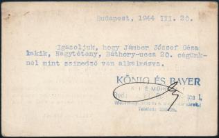 1944 Bp., König és Bayer kliséműintézet reklámkártyája, a hátoldalán Jámbor József Géza (1908-?) rés...