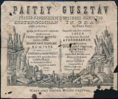 cca 1880 Esztergom, Paitly Gusztáv fűszerkereskedésének reklám nyomtatványa, a hátoldalán bejegyzéssel, sérült, rossz állapotban