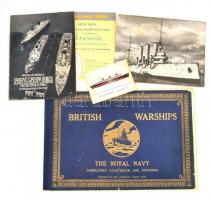Hajókkal kapcsolatos nyomtatványok, 4 db (British Warship, Great cruise ships, Historische Schiffe, Deck plan of Caronia) + 1 db fotó