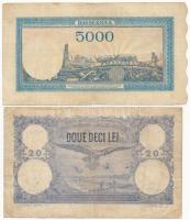 Románia 1923. 20L + 1945. 5000L T:III,III- kis lyukak
Romania 1923. 20 Lei + 1945. 5000 Lei C:F,VG ...