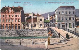 1916 Sarajevo, Appelquai / Apelova obala, Attentatsort vom 28. Juni 1914 / street view, bridge + K.u.K. Militarkommando cancellation
