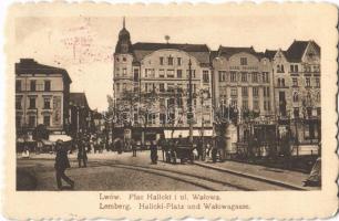 1916 Lviv, Lwów, Lemberg, Halicki-Platz und Walowagasse / street view, Bank Lwowski + K.u.K. cancellation