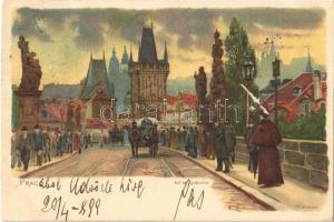 1899 Praha, Prag; Auf der Karlsbrücke / bridge. litho s: H. Strose