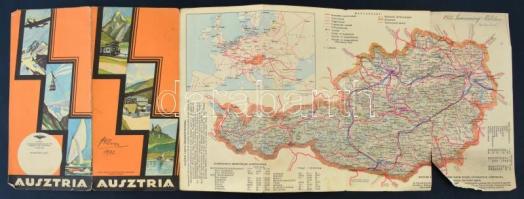 1931 Ausztria térkép és utazási prospektus, a hátoldalán fekete-fehér fotókkal, Wien, Bundesministerium Für Handel und Verkehr, szakadt, a szakadás mentén hiánnyal, 24x46 cm