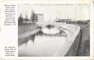 Marosvásárhely, Targu Mures; Vízerőműtelep, tervezte és építette a Lenarduzzi János cég. Az alvízcsatorna, híd és a turbinaház / hydropower plant, canal, bridge, turbine (EB)