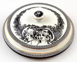 Hollóházi Jurcsák László által tervezett mintával díszített porcelán bonbonier, matricás, jelzett, hibátlan, d: 14,5 cm