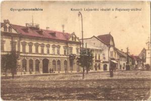Gyergyószentmiklós, Gheorgheni; Kossuth Lajos tér, Fogarassy utca, üzletek / square, street view, shops (EK)