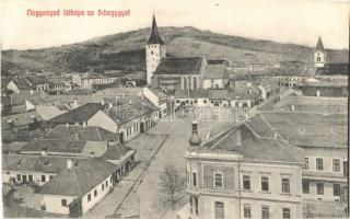 Nagyenyed, Aiud; látkép az őrheggyel, Református vártemplom, üzletek / general view, Calvinist fortified church, shops (non PC) (vágott / cut)