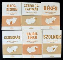 1977-1982 Magyarország alföldi megyéinek térképei, 6 db (Szolnok, Bács-Kiskun, Szabolcs-Szatmár, Békés, Csongrád, Hajdú-Bihar) 1: 150.000, Bp. Cartographia, különféle méretben.