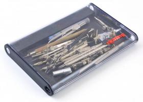 Körzőalkatrészek, Rottring dobozban, 2,5x14x21 cm