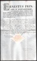 1810 Schwarzenberg Ernő herceg püppök által kiadott házasságlevél Frank György (1742-1822) bölcseleti és teológiai doktor, győri kanonok és főesperes, egyetemi tanár, egyháztörténész aláírásával