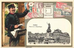 Paris, Place de la République / square, tram. Montage with postman and stamps, H. Guggenheim & Co. No. 14877. Emb. Art Nouveau, litho