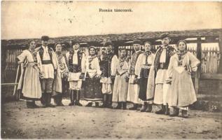 1911 Szászváros, Broos, Orastie; Román táncosok, folklór, népviselet. Adler fényirda / Romanian dancers, folklore, traditional costumes + &quot;PETROZSÉNY - PISKI 123 A&quot; vasúti mozgóposta bélyegző (fl)