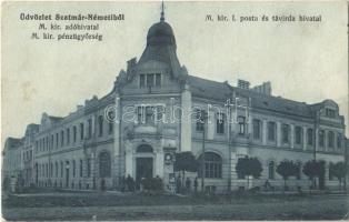 Szatmárnémeti, Szatmár, Satu Mare; M. kir. I. posta és távirda hivatal, M. kir adóhivatal, M. kir. pénzügyőrség. Weisz Zoltán kiadása / post and telegraph office, tax office, finance guard (ázott / wet damage)