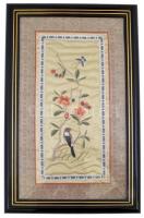 Keleti-mintás selyem-hímzés, üvegezett fa keretben, 47x30 cm