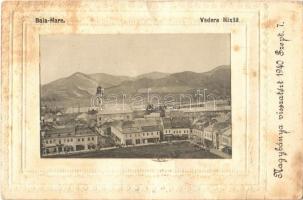 1940 Nagybánya, Baia Mare; Vedere Mixta / látkép, templom, Vajda Márton üzlete. fotó lapra ragasztva / general view, church, shops. photo glued on postcard + 1940 Nagybánya visszatért So. Stpl. (ázott / wet damage)