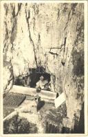 1943 Bucsecs-hegység, Butschetsch, Muntii Bucegi; Bucegiul Schitul si Pestera Ialomitei, Manastirea Ialomitei / Jalomica-barlang és kolostor a völgyben / cave, monastery in the valley. photo (ragasztónyom / glue marks)